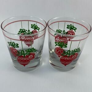 VINTAGE Red Christmas Ornaments W/Green Ribbon Design Drinking Glasses set of 2
